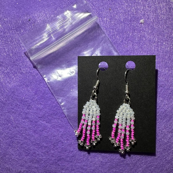 Small Pink, Silver, and Pearl Beaded Earrings New - Picture 1 of 5